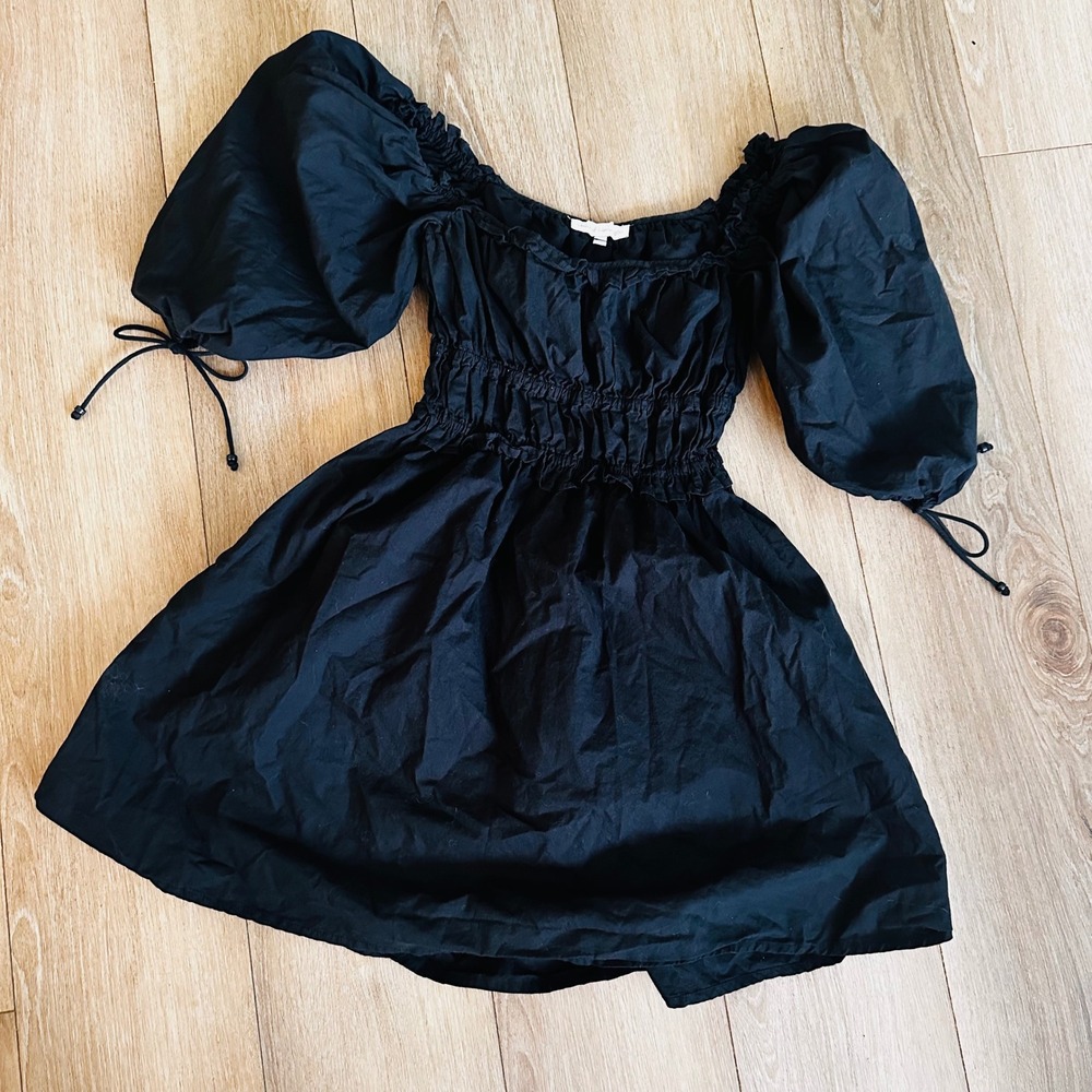 House of Harlow 1960 Black Smocked Puff Sleeve Mini Dress Cotton Poplin Small